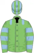 Light green, light blue epaulets, hooped sleeves, striped cap