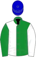 White and green (halved), reversed sleeves, blue cap