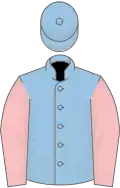 Light blue, pink and dark blue stripes, pink sleeves