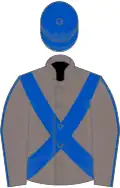 Confederate grey, royal blue cross sashes, blue seam on sleeves, blue cap