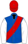 Blue, red sash, white sleeves, red cap