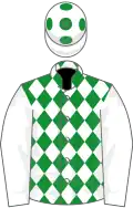 Green, white diamonds and sleeves, white cap, green spots