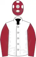 White, maroon sleeves and cap with white spots