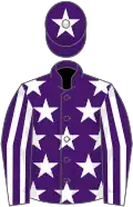 Purple, white stars, striped sleeves, white star on cap