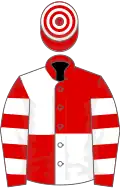 Red and white quartered, hooped sleeves, hooped cap