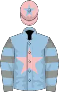 Light blue, pink star, grey and light blue hooped sleeves, pink cap, light blue star