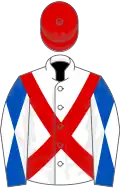 White, red cross belts, royal blue and white diabolo on sleeves, red cap