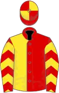 Red and yellow halved, chevrons on sleeves, quartered cap