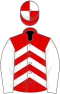 Red and white chevrons, white sleeves, quartered cap