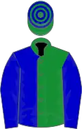 Green and blue (halved), blue sleeves, hooped cap