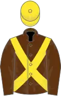 Brown, yellow cross belts and cap