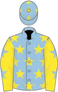Light blue, yellow stars, yellow sleeves, light blue stars