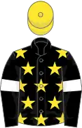 Black, yellow stars, black sleeves, white armlets, yellow cap