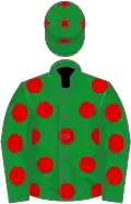 Green, red spots, green sleeves, red spots, green cap, red stars