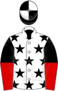 White, black stars, black and red halved sleeves, black and white quartered cap