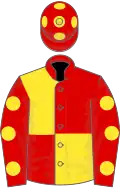 Red and yellow (quartered), red sleeves, yellow spots, red cap, yellow spots