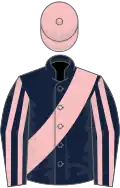 Dark blue, pink sash and stripes on sleeves, pink cap