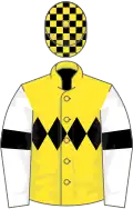 Yellow, black triple diamond, white sleeves, black armlets, black and yellow checked cap