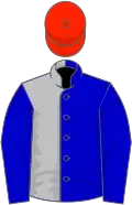 Blue and silver (halved), blue sleeves, scarlet cap