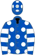 Royal blue, white spots, hooped sleeves, royal blue cap, white spots