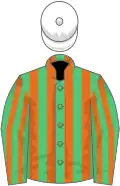 Emerald green and orange stripes, white cap