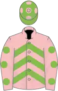 Pink, light green chevrons, pink sleeves, light green spots, light green cap, pink spots