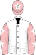 White, pink sleeves, white stars, pink cap, white star
