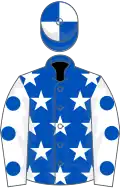 Royal blue, white stars, white sleeves, royal blue spots, royal blue and white quartered cap