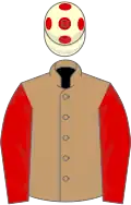 Tan, red sleeves, cream cap, red spots