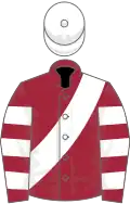 Maroon, white sash, hooped sleeves, white cap