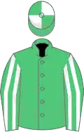 Emerald green, white striped sleeves, quartered cap