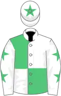 White and emerald green quartered, emerald green stars on sleeves, emerald green star on cap
