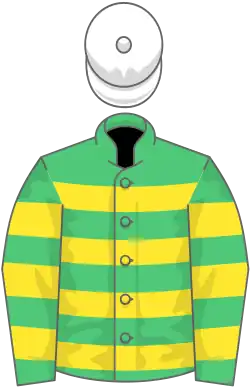 Emerald green and orange hooped, white cap