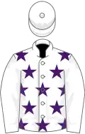 White, purple stars, white sleeves and cap