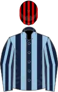 Light blue and dark blue stripes, black and red striped cap