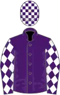 Purple, white and purple checked sleeves and cap