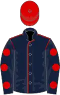 Dark blue, red seams, dark blue sleeves, red spots, red cap