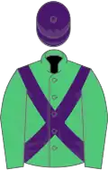 Emerald green, purple cross belts, purple cap