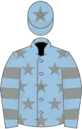 Light blue, grey stars, hooped sleeves and star on cap