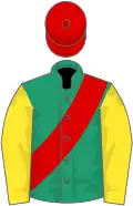 Emerald green, red sash, yellow sleeves, red cap