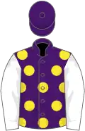 Purple, yellow spots, white sleeves, purple cap