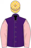 Purple, pink sleeves, pink and yellow check cap