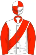 White, scarlet collar, sash and sleeves, quartered cap