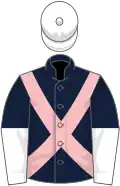 Dark blue, pink cross sashes, white halved sleeves, white cap