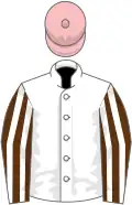 White, brown and white striped sleeves, pink cap