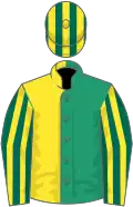 Emerald green and yellow halved, dark green and yellow striped sleeves and cap