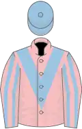 Pink, light blue chevron, striped sleeves, light blue cap