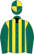Dark green and yellow stripes, dark green sleeves, quartered cap