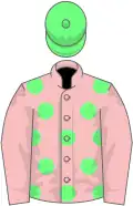 Pink, light green spots, pink sleeves, light green cap