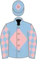 Light blue, pink diamond, diamonds on sleeves, light blue cap, pink diamond